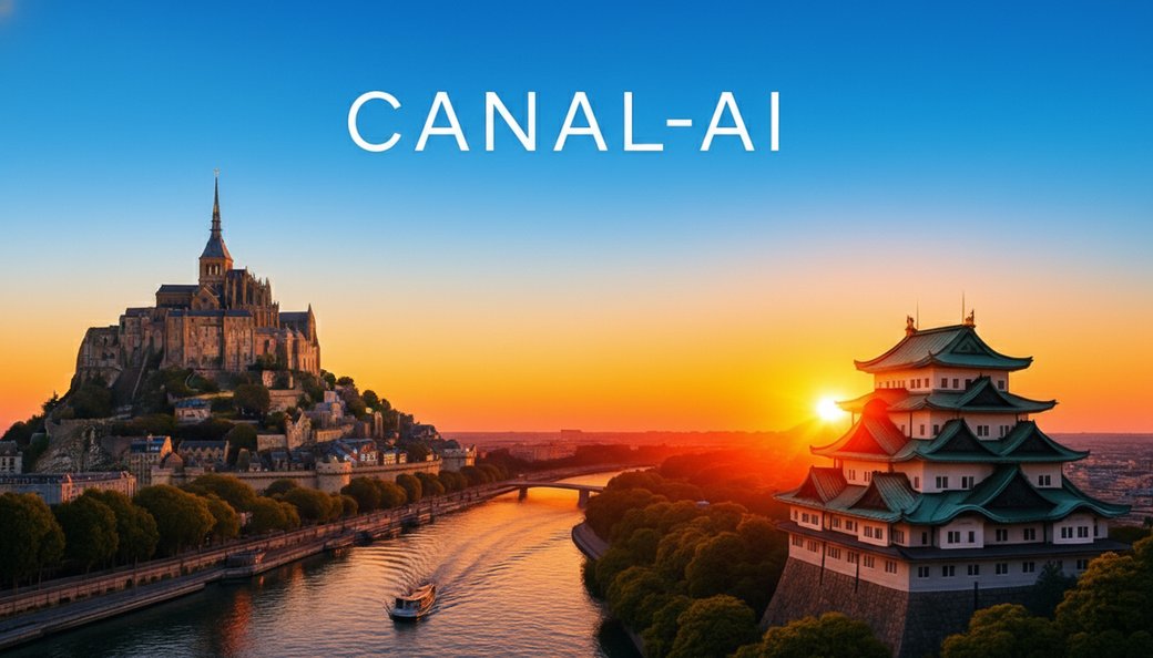 Symbolic illustration of Caen and Nagoya, the two cities of the CANAL-AI consortium, joined across a single river under a shared sunset